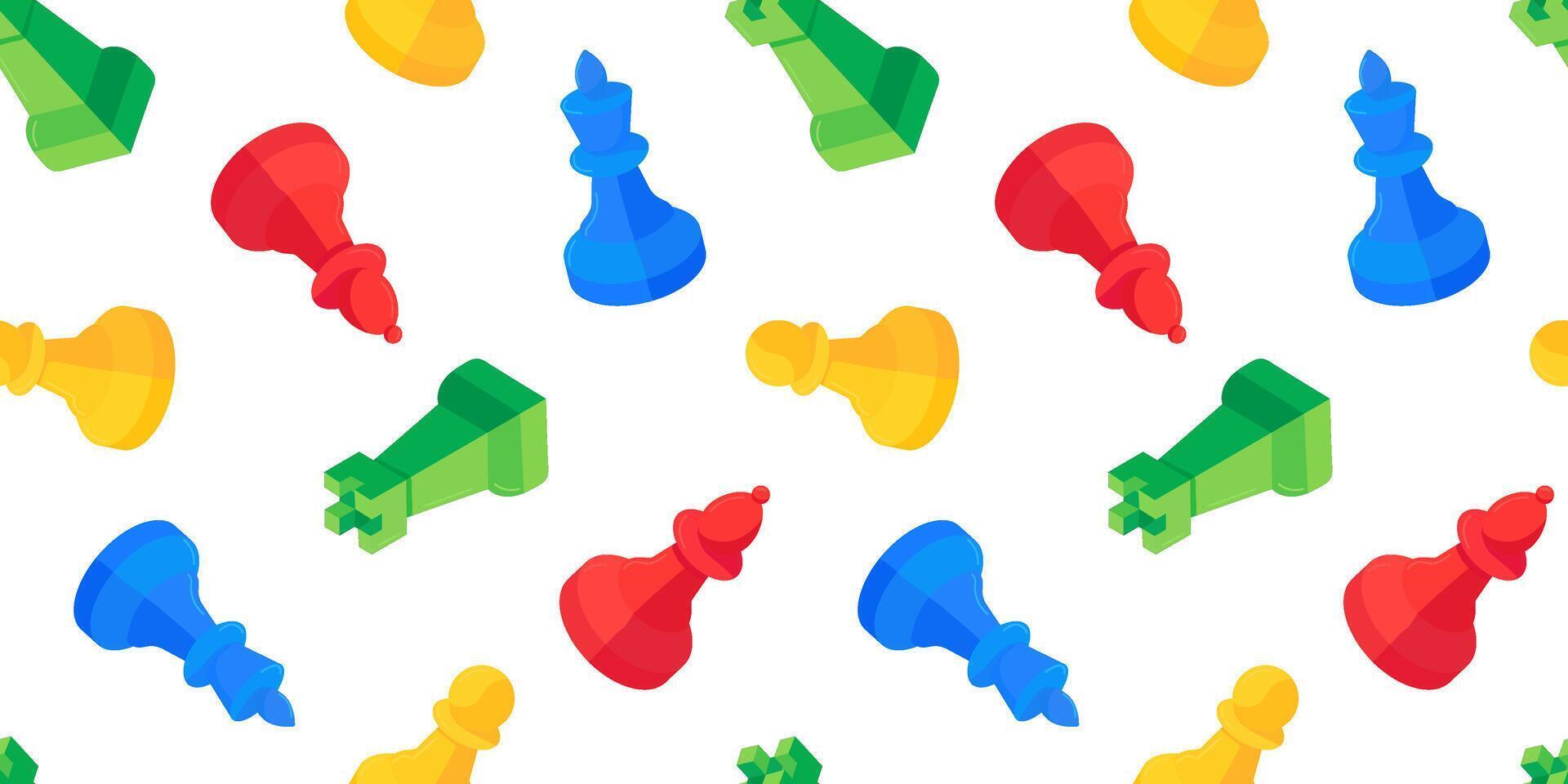 minimal seamless chess pattern with red, blue, yellow and green pieces on white background modern playful illustration in isometric 3D style vector