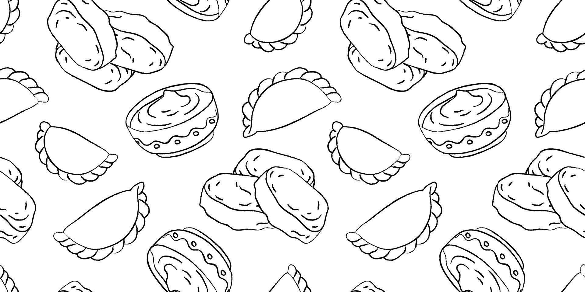 seamless pattern black outline ukrainian syrniki varenyky white background, repeating design of cheese pancakes dumplings traditional sweet food vector