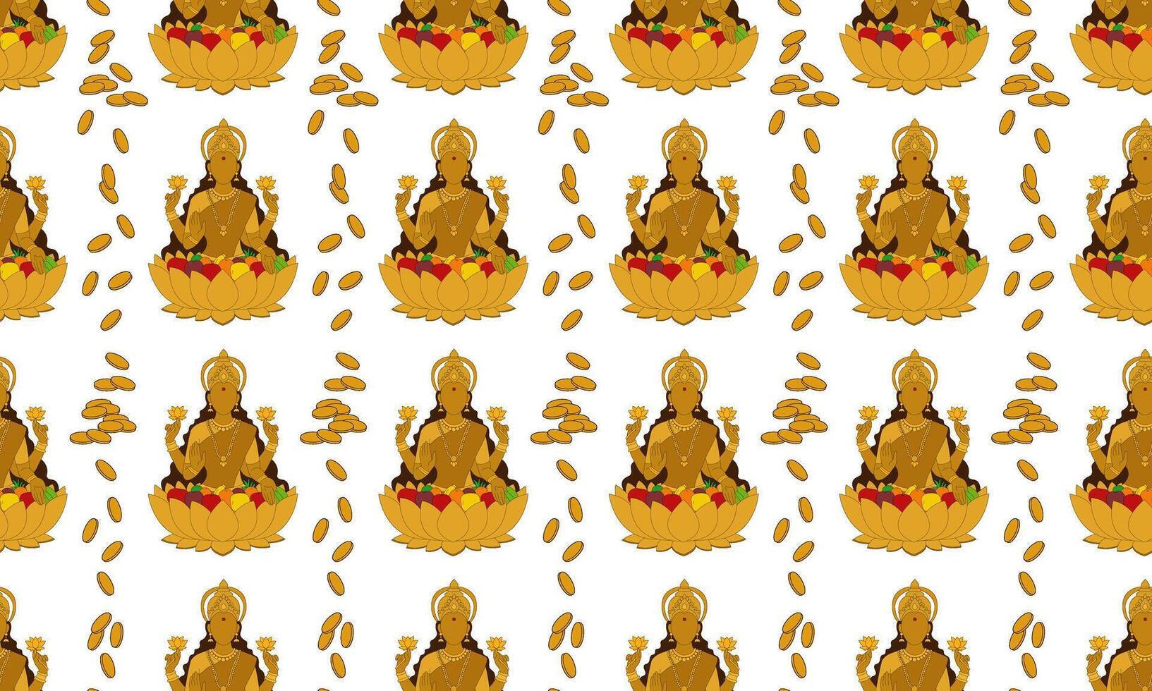 golden line elegant diwali festival seamless pattern on white background design goddess lakshmi with fruits and coins , for textile backgrounds decor vector