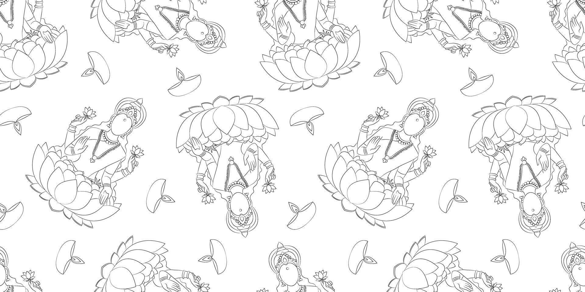 diwali outline seamless pattern with goddess lakshmi on lotus and oil lamps, hand drawn black and white repeat design for coloring or decor vector