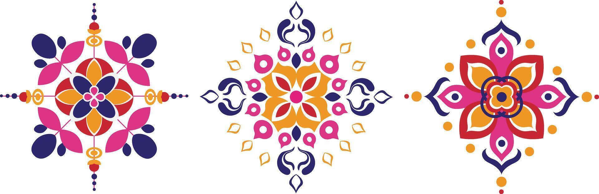 set colorful kaleidoscope rangoli designs for diwali, vibrant indian motifs in pink blue yellow, isolated festive ornaments white background vector