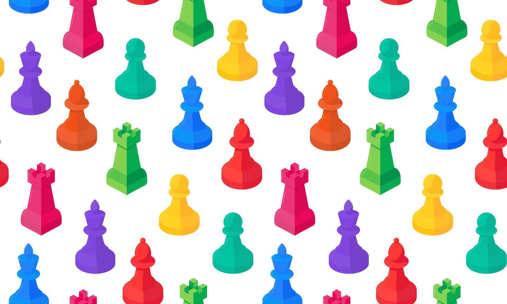 colorful isometric chess pieces seamless bright pattern white background, web design textile fun strategy game texture vector