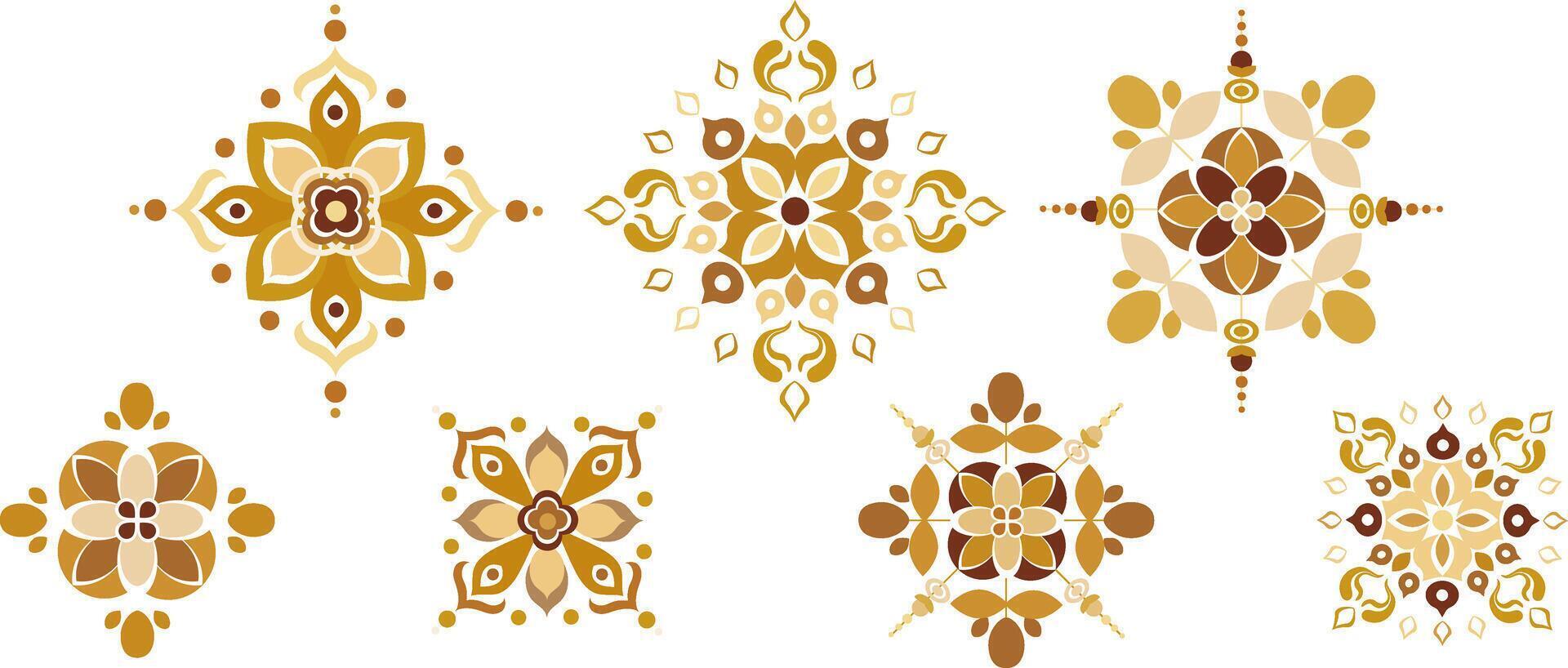 set golden mandala design elements, intricate floral geometric ornaments decoration patterns, isolated elegant ethnic motifs on white, Rangoli, Diwali vector