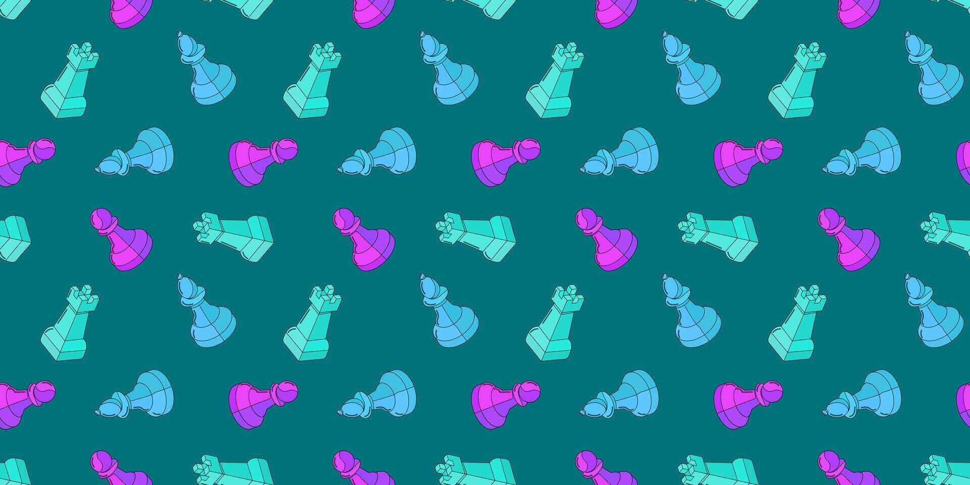 colorful outlined chess pieces seamless pattern on teal background, playful design textile and web, chess competition game day theme, repeating texture vector