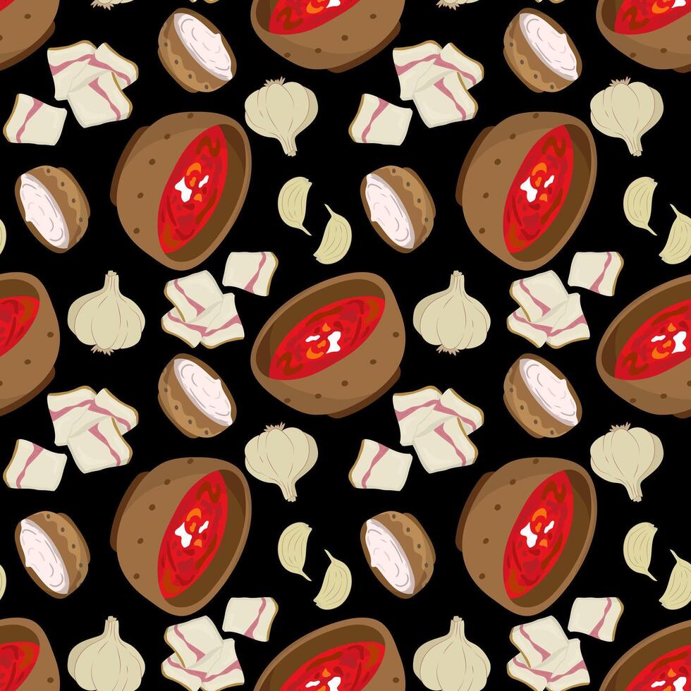 seamless pattern borscht black background garlic bulbs and cloves salo pork fat traditional ukrainian food texture vector