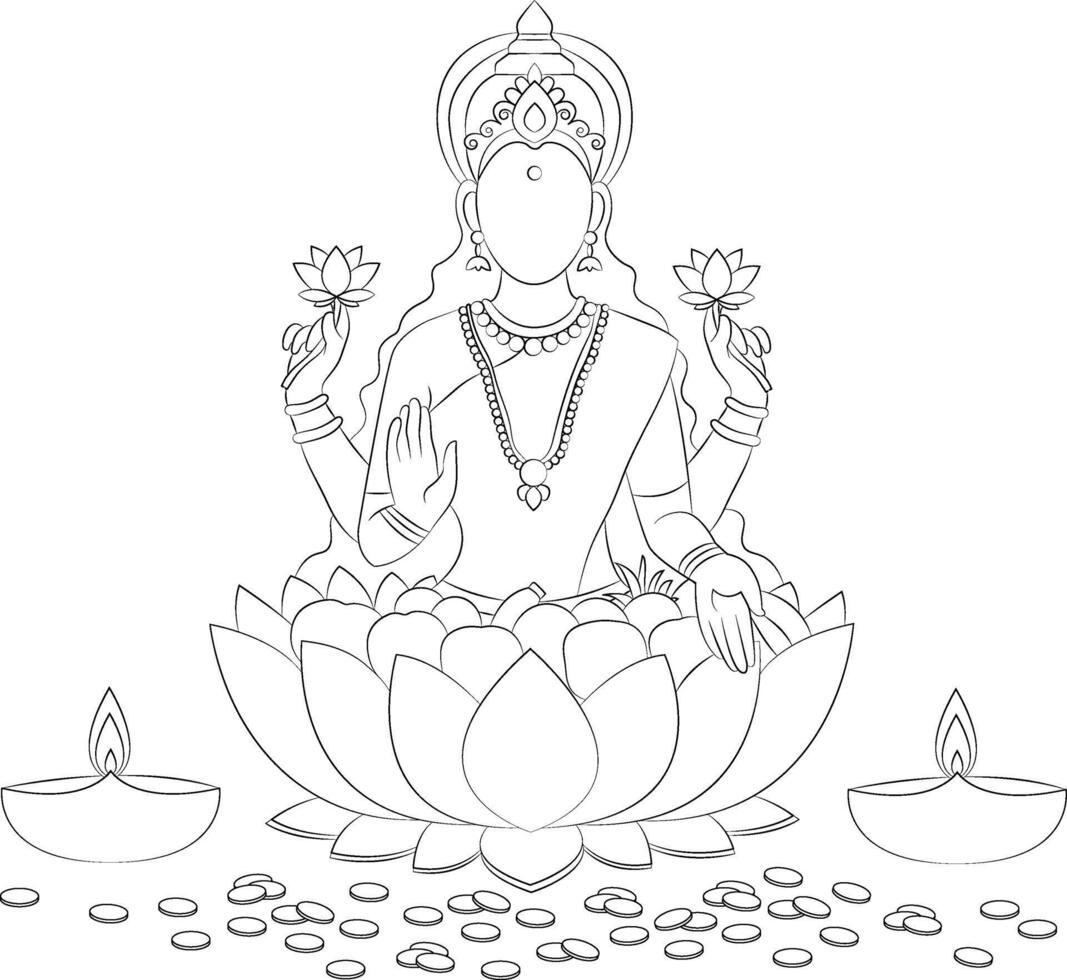 lakshmi puja line art illustration set - goddess sitting lotus lotuses blessing hand diyas coins diwali festival design element isolated outline drawing vector