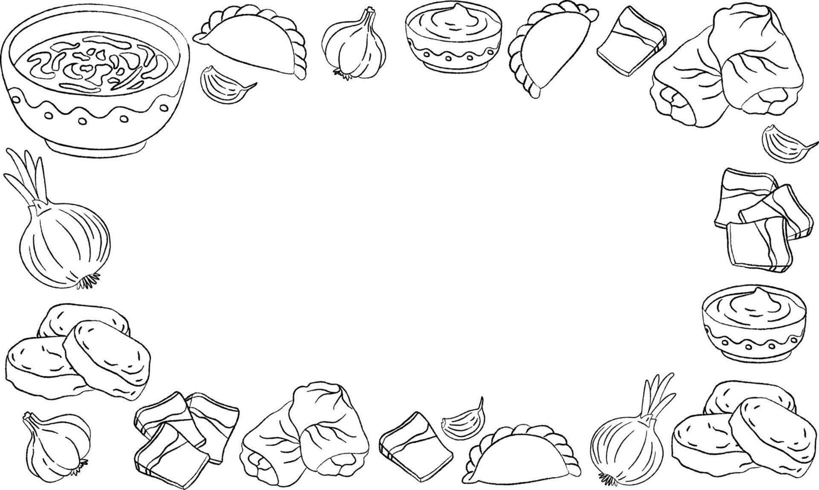 ukrainian food frame line art illustration, traditional cuisine border with borscht, holubtsi, syrniki, sour cream, salo, garlic, onion, space in center vector
