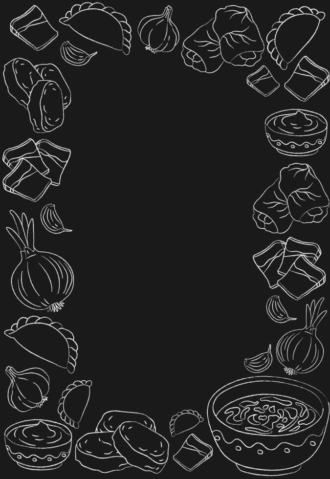 ukrainian food frame black chalkboard background, white outline illustration menu design borscht, holubtsi, syrniki, sour cream, salo, garlic, copy space vector