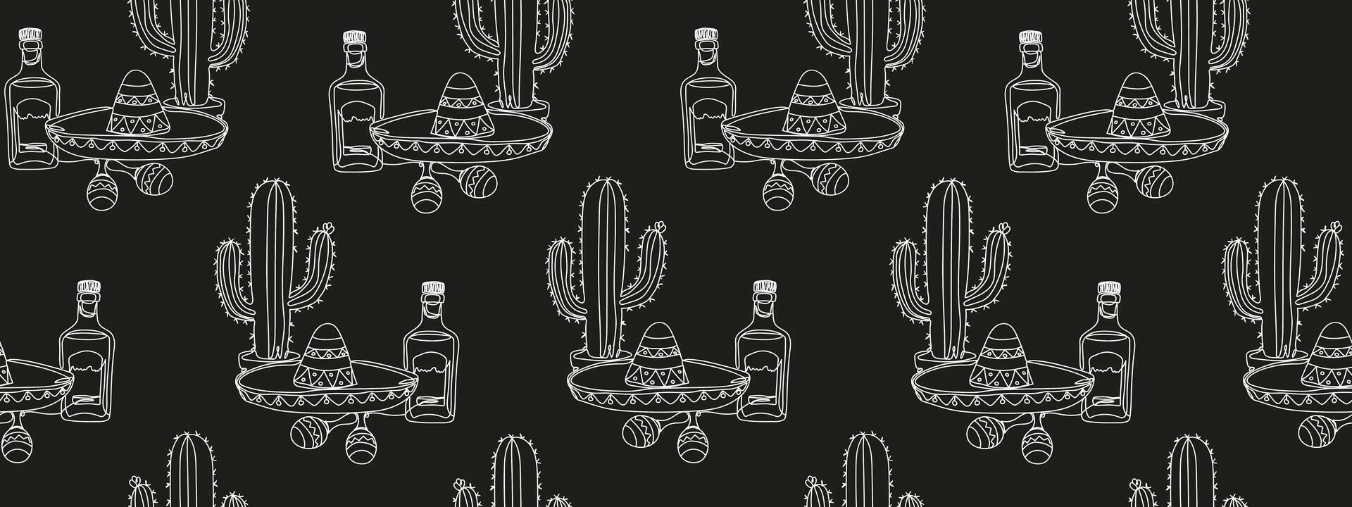 seamless pattern mexican fiesta elements black background cactus sombrero tequila bottle maracas, repeating outline design for cinco de mayo celebration cultural symbols vector
