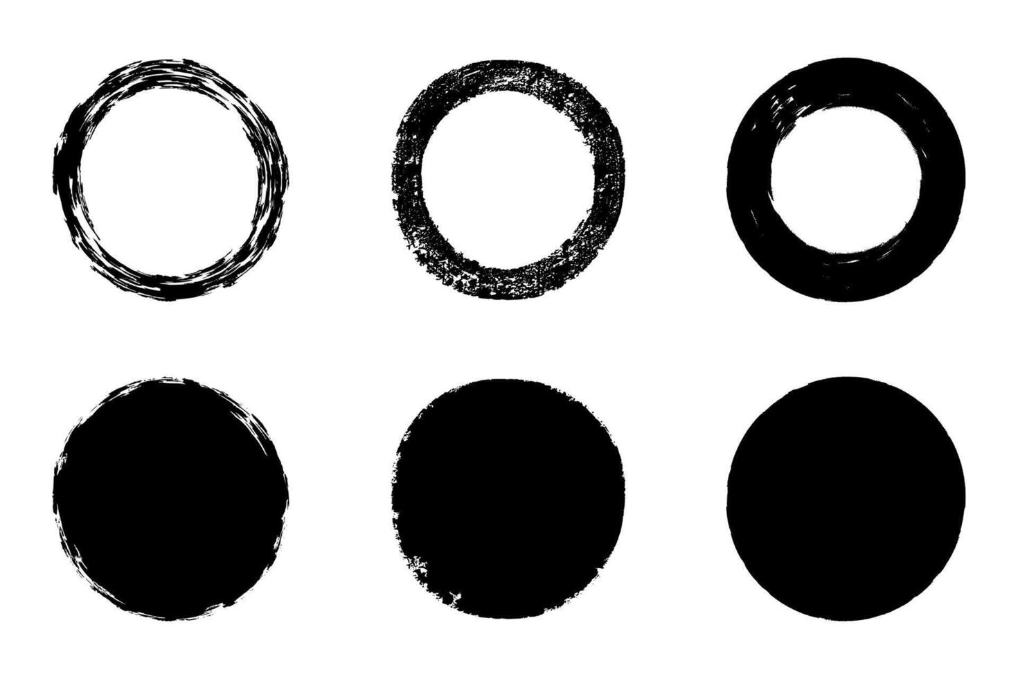 Set of six grunge hand drawn black ink circles. Includes textured round brush strokes and rough painted silhouettes, ideal for logo design, badges, highlight covers, abstract art, backgrounds vector