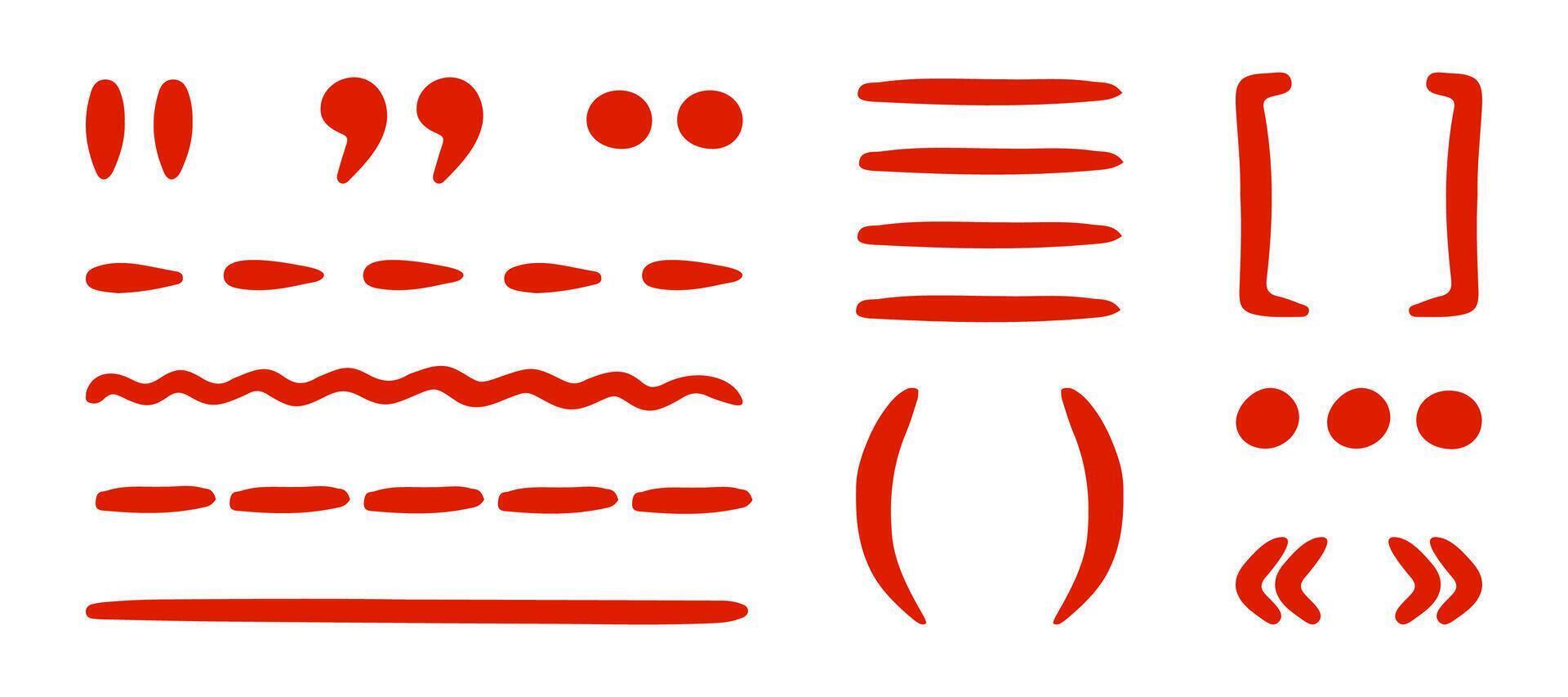 Hand drawn red punctuation marks and lines set. Includes quotation marks, brackets, ellipses, underlines, and dividers in a playful sketch doodle style. Ideal for creative typography, kids projects vector
