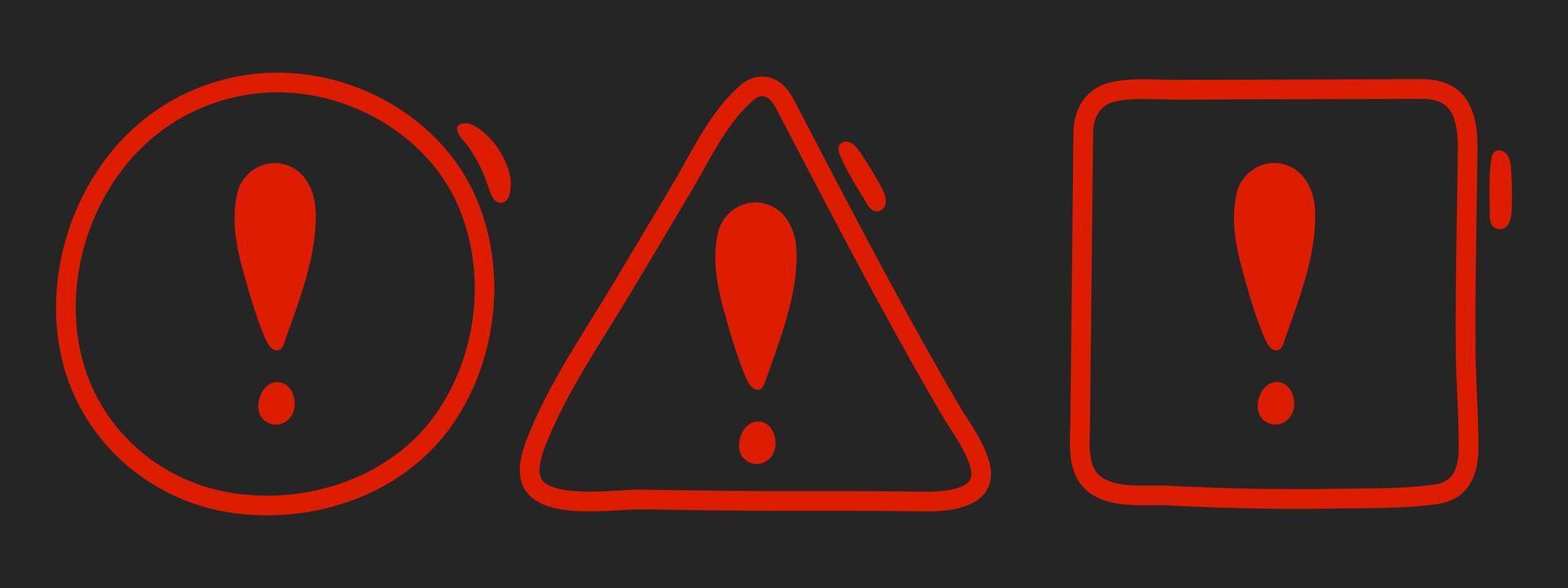 Doodle exclamation mark, notification bell, alert danger information red line sign set. Scribble hand drawn doodle exclamation point, stop warning sign in circle, triangle, square shape on black vector