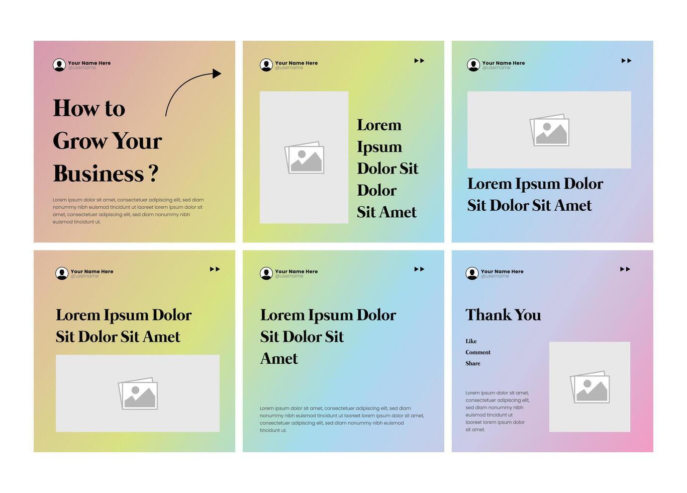 Gradient page carousel banner template design for tips and tricks sharing. Microblog social media carousel. Six page carousel in portrait frame, seamless, minimalist style vector