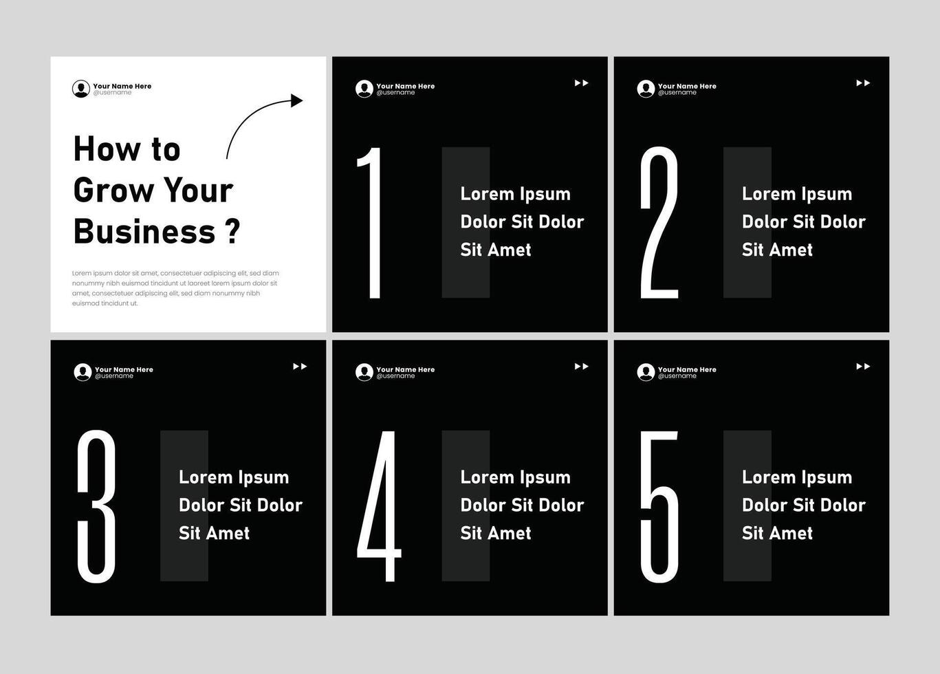 Black and white 6 page carousel banner template design for tips and tricks sharing. Microblog social media carousel. Six page carousel in portrait frame, seamless, minimalist style with gradient theme vector