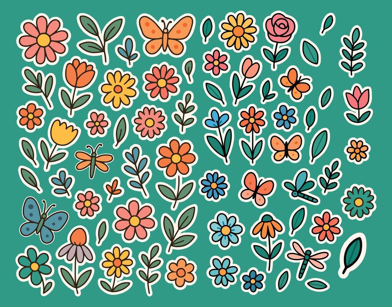 A Set of Cute Hand-Drawn Floral and Butterfly Stickers on Teal Background vector