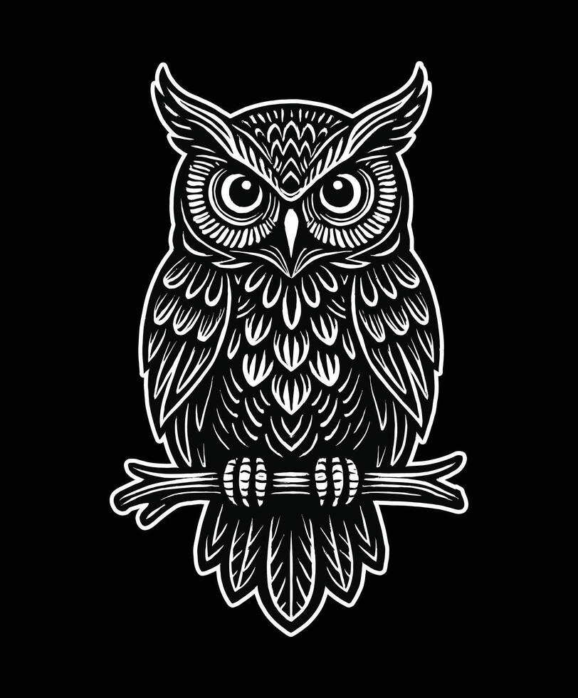 Vintage Black and White Owl Illustration in Engraved Woodcut Style on Dark Background vector