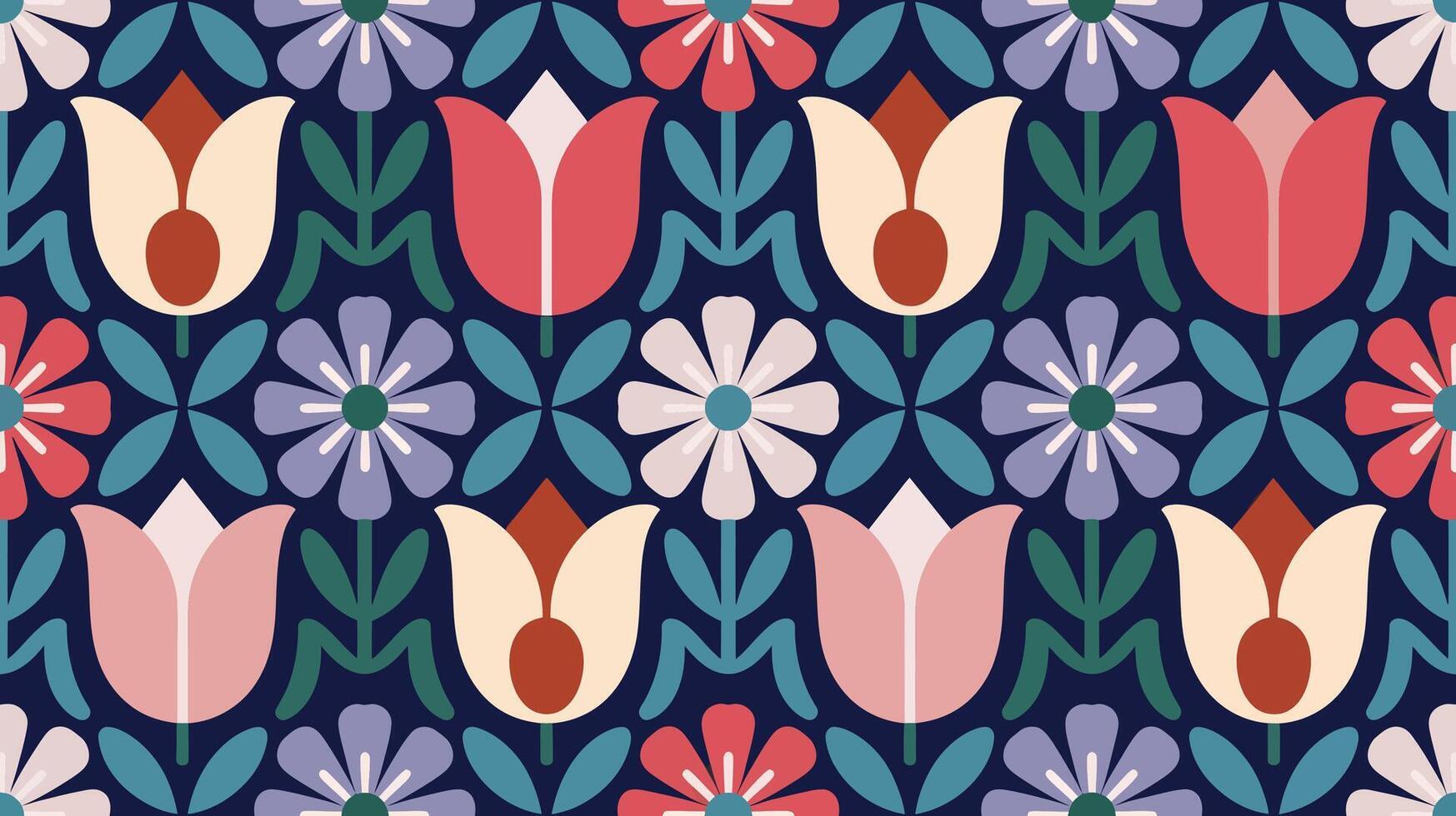 Colorful Scandinavian Folk Art Floral Seamless Pattern with Tulips and Daisies on Dark Background vector