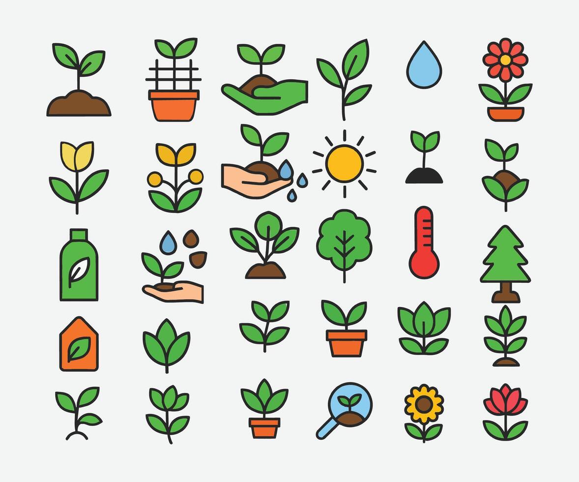Colorful Gardening and Plant Growth Icon Set vector