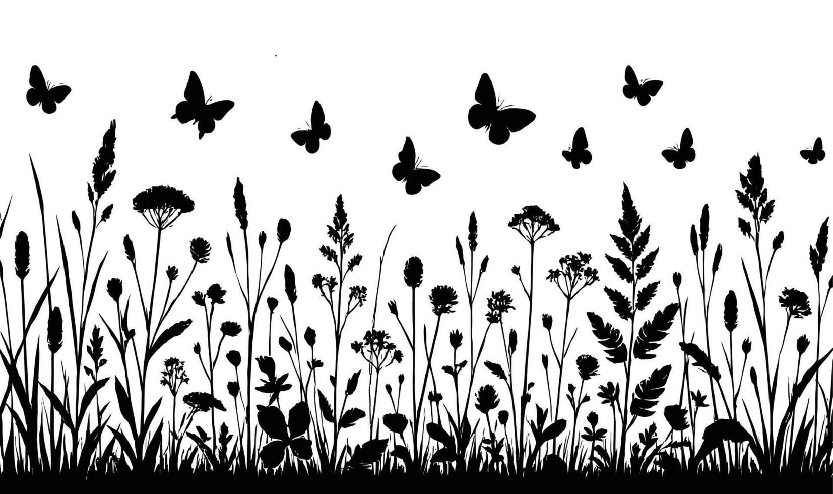 Silhouette of Wildflowers and Butterflies in Meadow Field on White Background vector