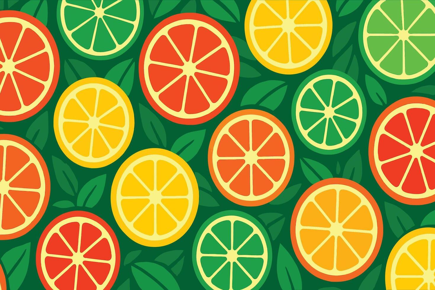 Citrus Fruit Slice Pattern with Lemon, Orange, Lime, and Grapefruit on Green Leaf Background vector