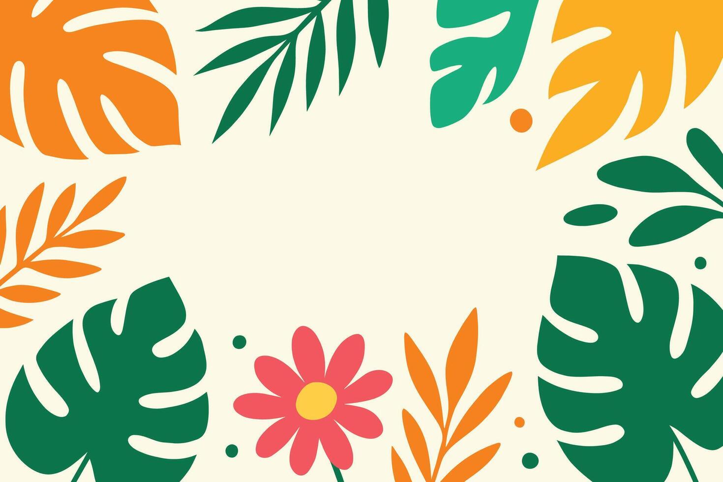 Abstract Tropical Foliage Frame with Bold Orange, Green, and Teal Leaves on Soft Yellow Background for Summer-Themed Designs, With Copy Space for Text vector
