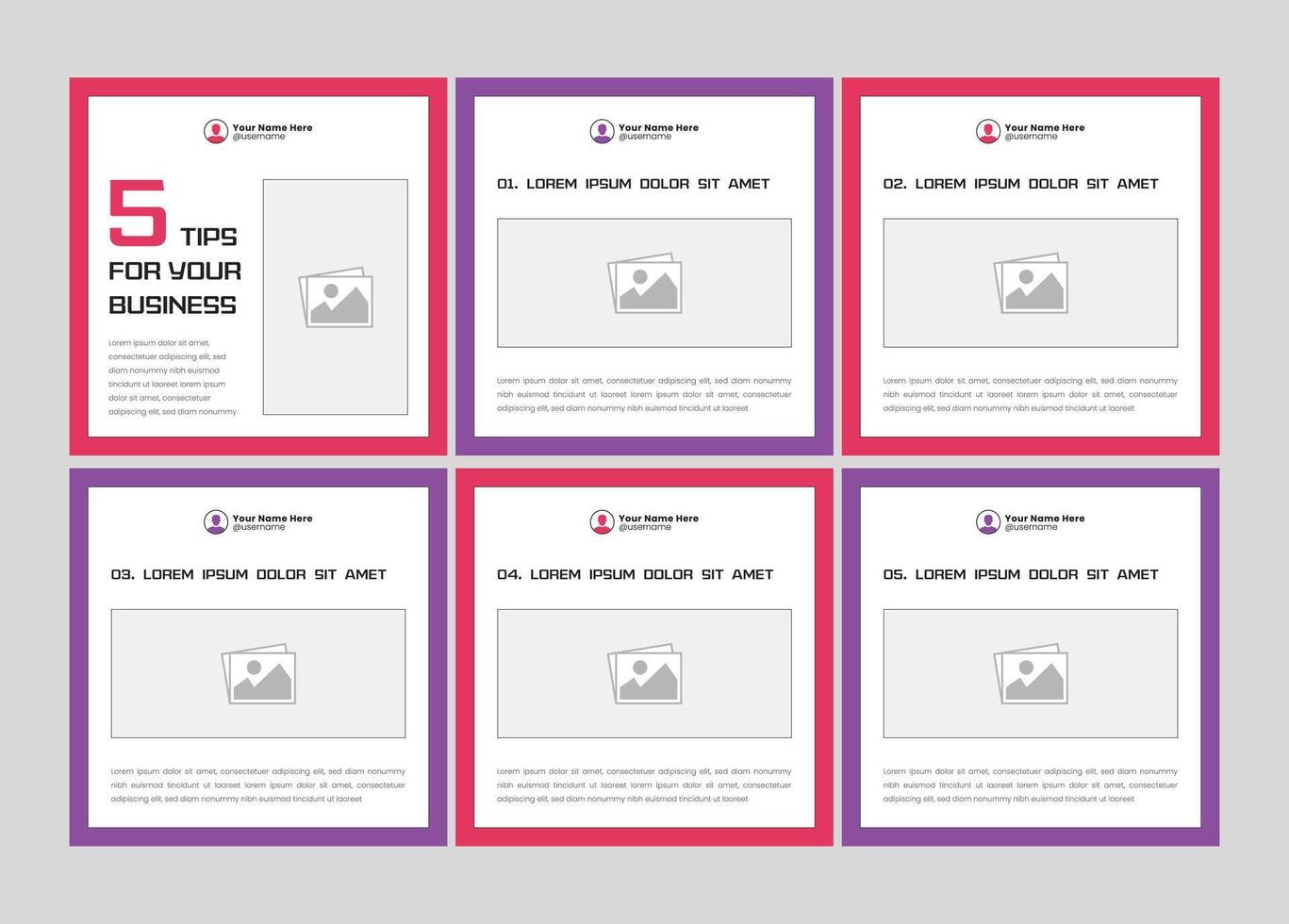 6 page carousel banner template design for tips and tricks sharing. Microblog social media carousel. Six page carousel in portrait frame, seamless, minimalist style vector