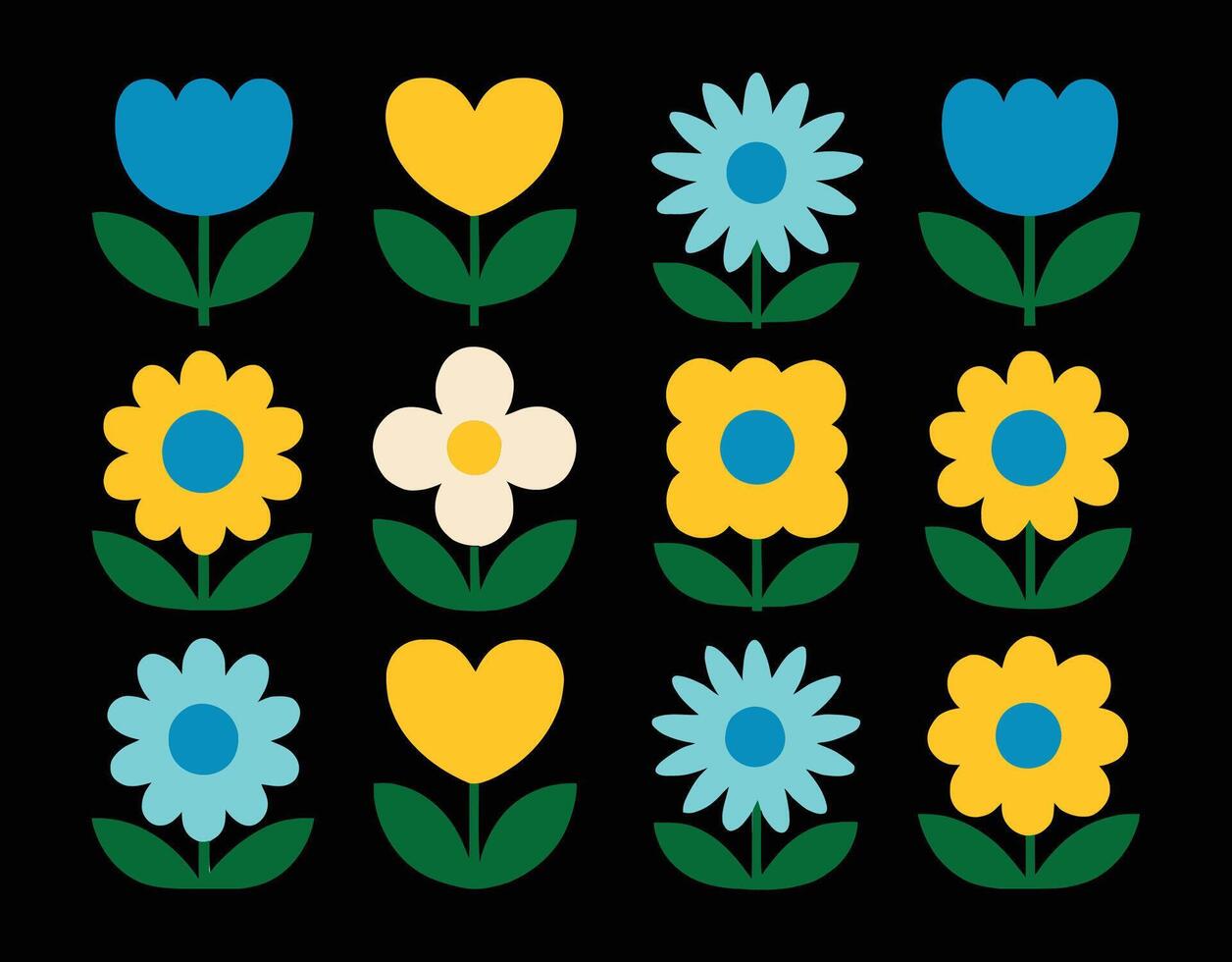Flat Colourful Geometric Flower Icon Set on Black Background vector