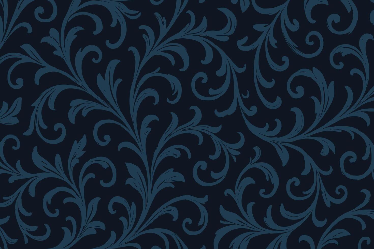 Vintage Baroque Pattern with Elegant Dark Blue Ornamental Swirls on Black Background vector