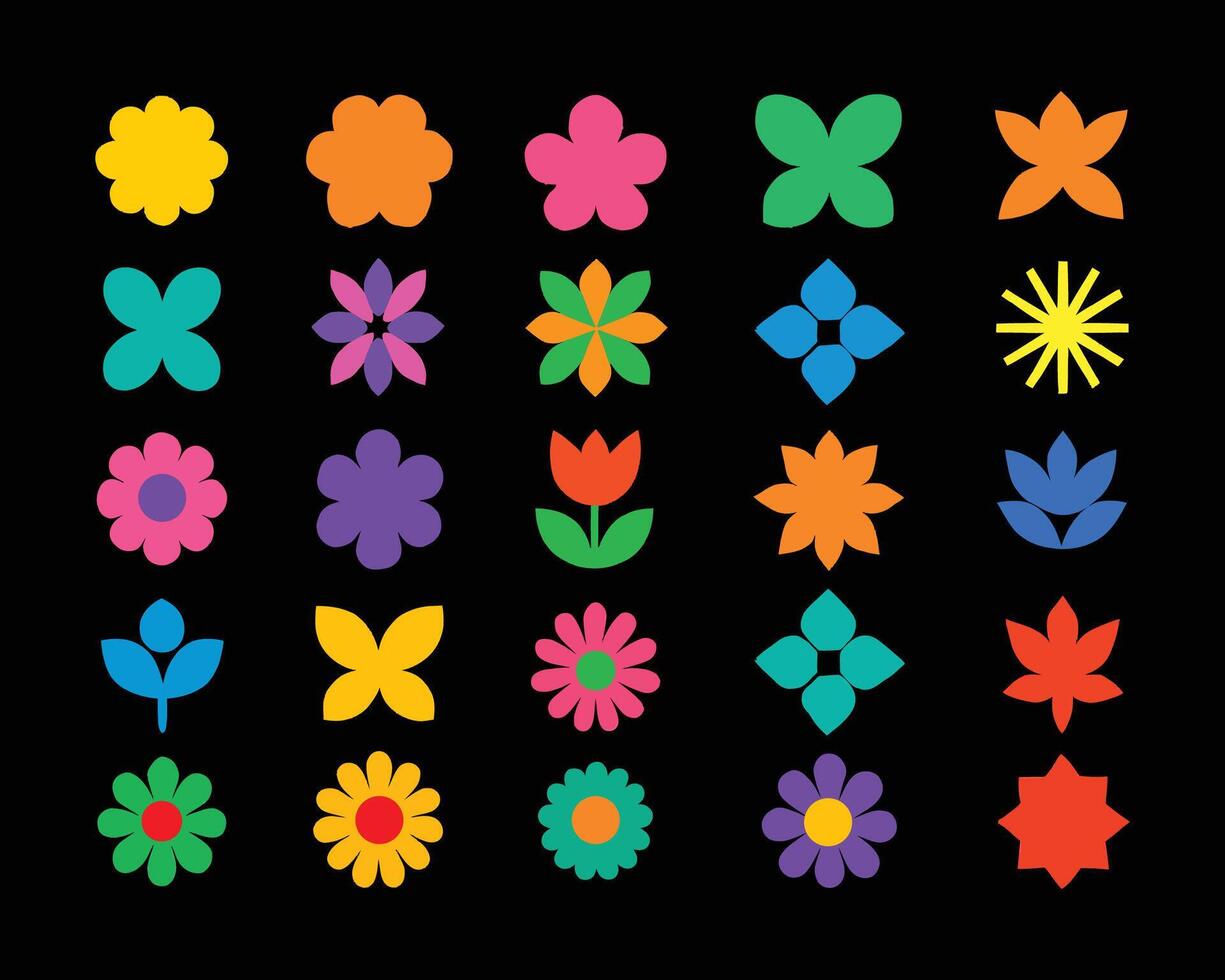 Bright Flat Flower Icon Collection on Black Background for Decorative and Graphic Design Use vector