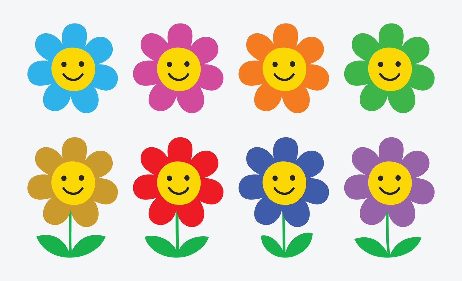 Colourful Smiling Cartoon Flowers with Happy Faces vector