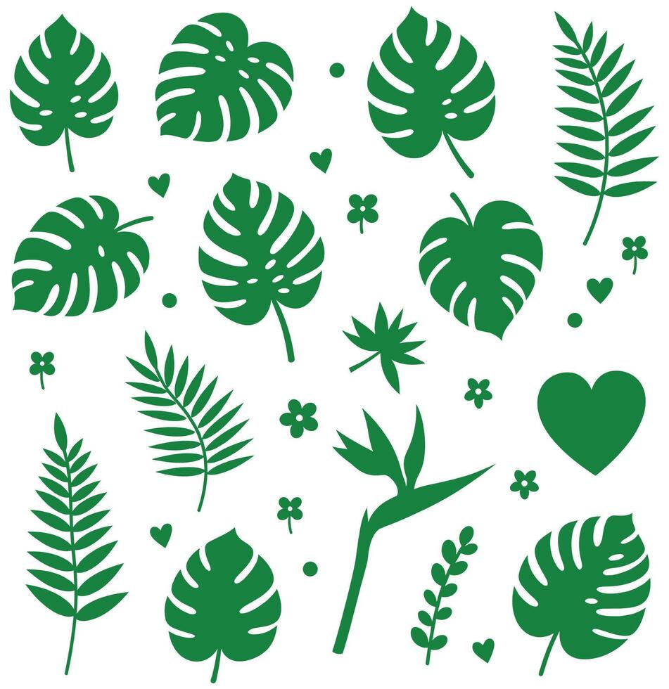 Tropical Leaf Silhouettes Set Monstera, Palm, and Decorative Floral Elements in Green on White vector