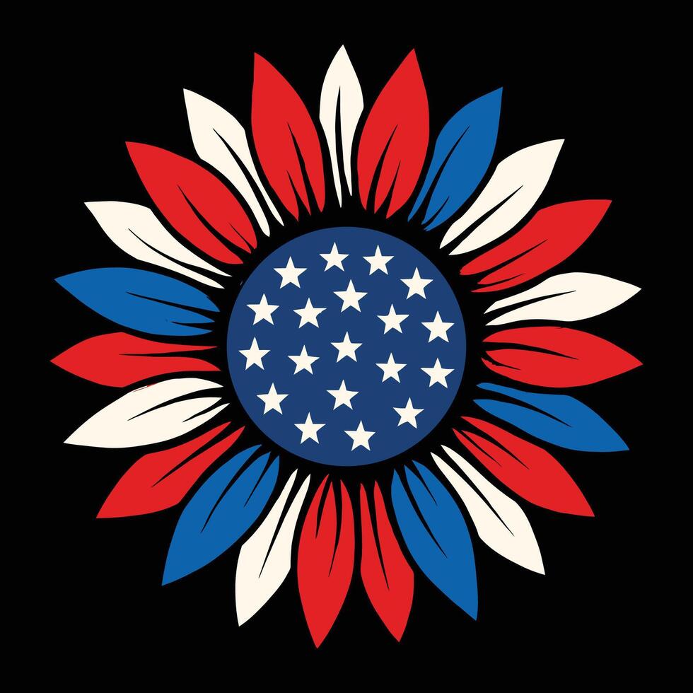 Patriotic American Sunflower with Red White and Blue Petals and Star Circle Center on Black Background vector