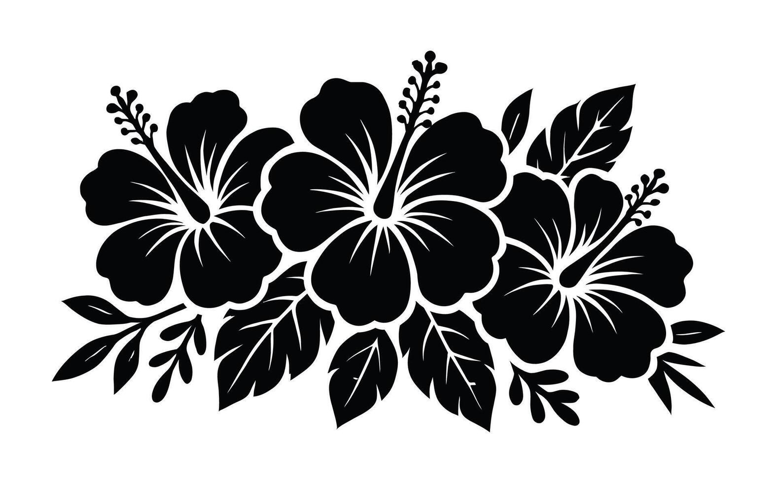 Black Silhouette of Tropical Hibiscus Flowers with Leaves in Decorative Design vector