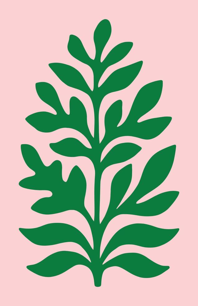 Green Botanical Leaf Silhouette on Soft Pink Background in Modern Abstract Style vector