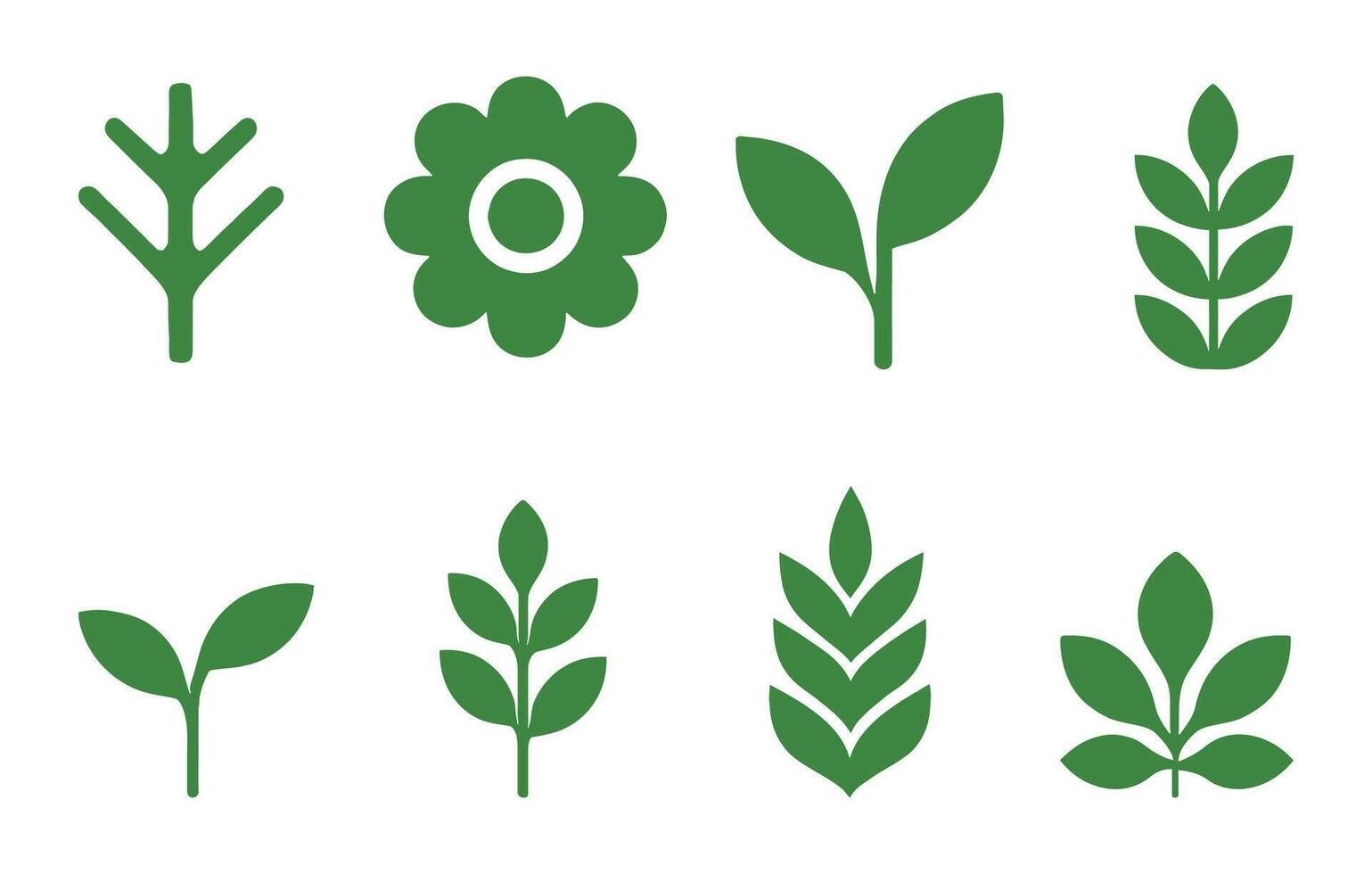 Elegant Flat Botanical Icon Set Featuring Minimal Green Plant and Leaf Logos vector