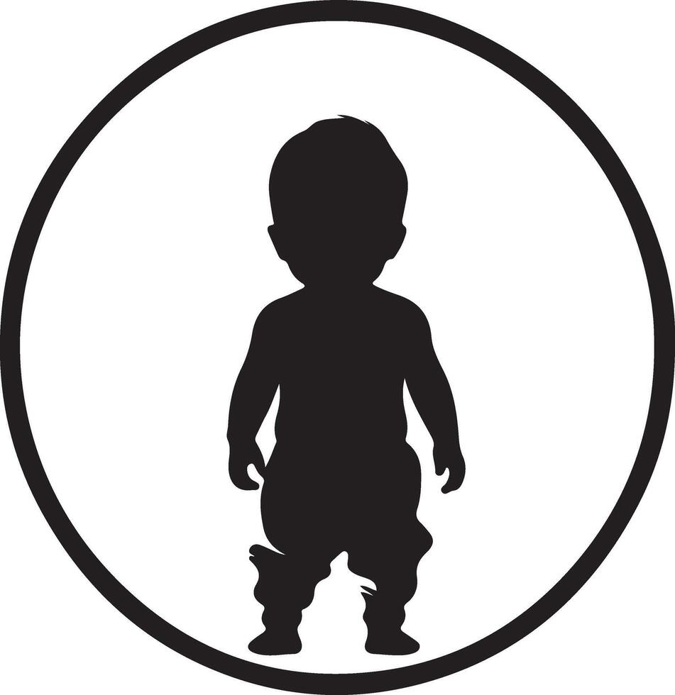 A black silhouette of an Asian baby standing, with simple lines and a white background. The circle around the figure is filled in to highlight its shape vector