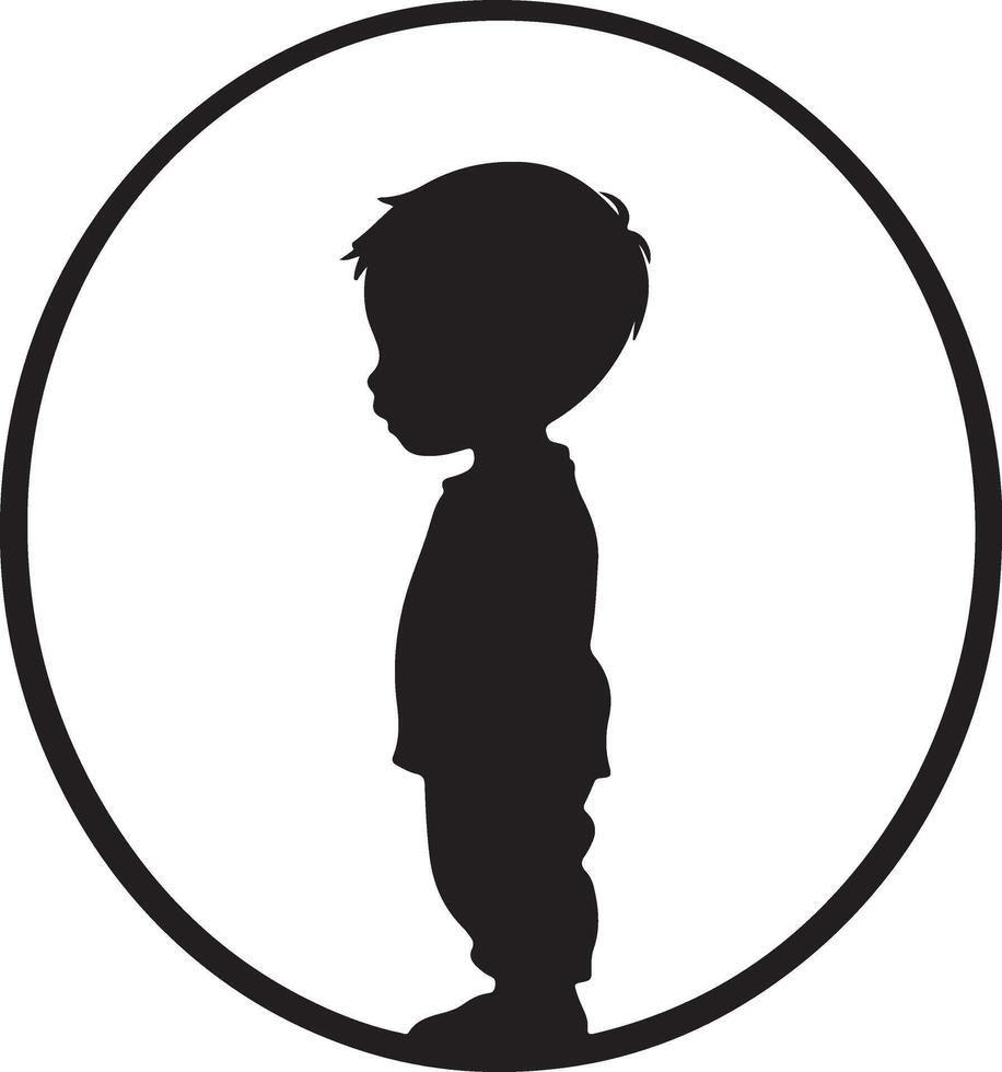 A black silhouette of an Asian baby standing, with simple lines and a white background. The circle around the figure is filled in to highlight its shape., vector