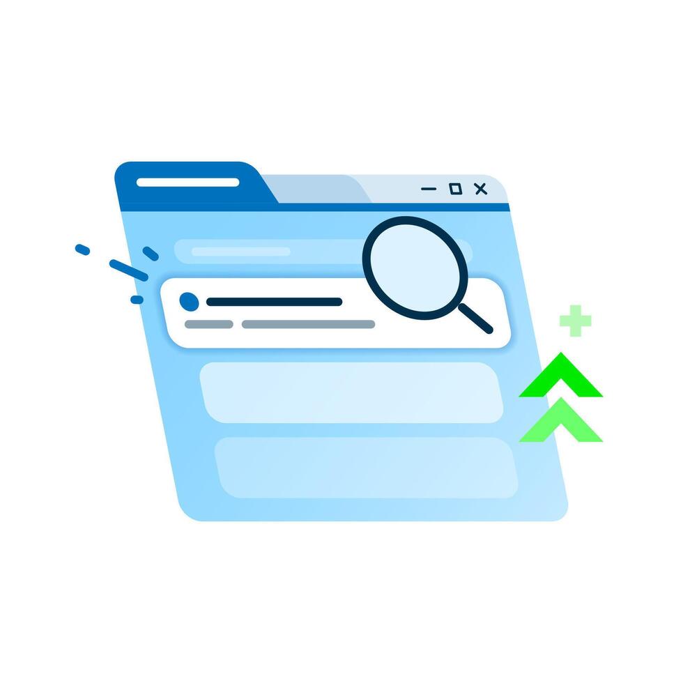 flat illustration of SEO optimization with a browser window displaying top search rankings and a magnifying glass, symbolizing visibility and high performance in search engines results page vector