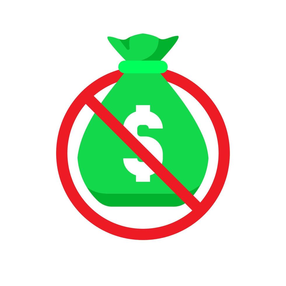 flat illustration of a money bag with a crossed out dollar symbol. no commission fee or zero cost. for financial apps, payment platforms, e commerce, and pricing policy visuals vector
