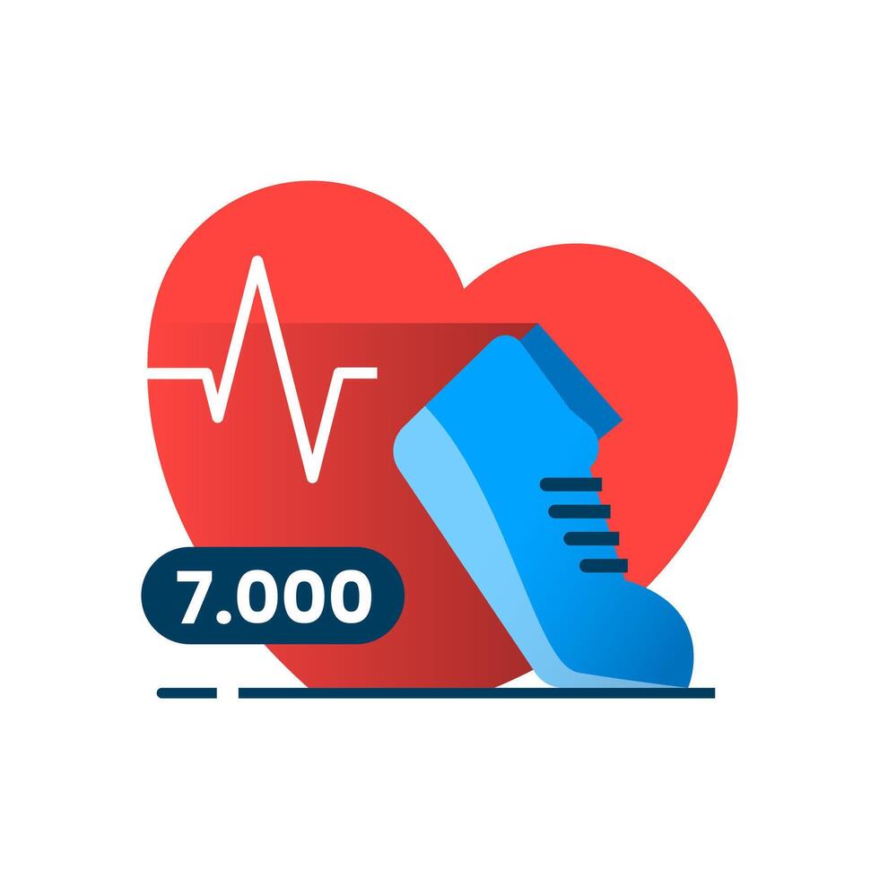 Running shoes with heartbeat and 7000 number. flat illustration promoting daily steps goal for cardiovascular health, fitness, and heart strength. infographics, medical blogs, and wellness campaign vector