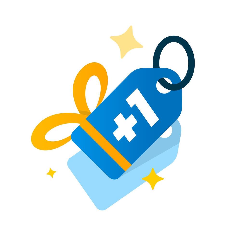 Buy one get one free illustration. Two promo tags with gift ribbon and plus one. Flat style discount label for sale, marketing promotion, special offer, ecommerce, and advertising materials vector
