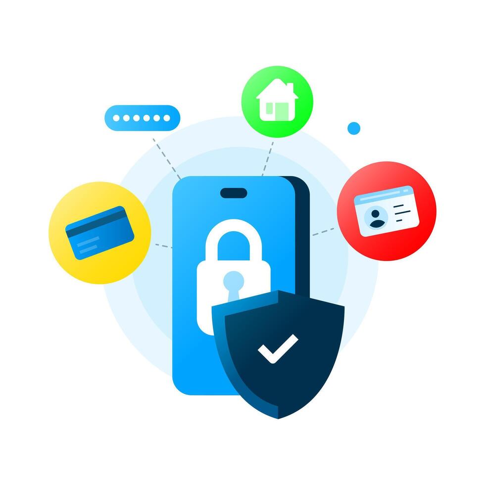 Personal data protection illustration. smartphone, password, address, and identity card with security icons padlock and shield. Concept of digital privacy and cybersecurity for personal information vector