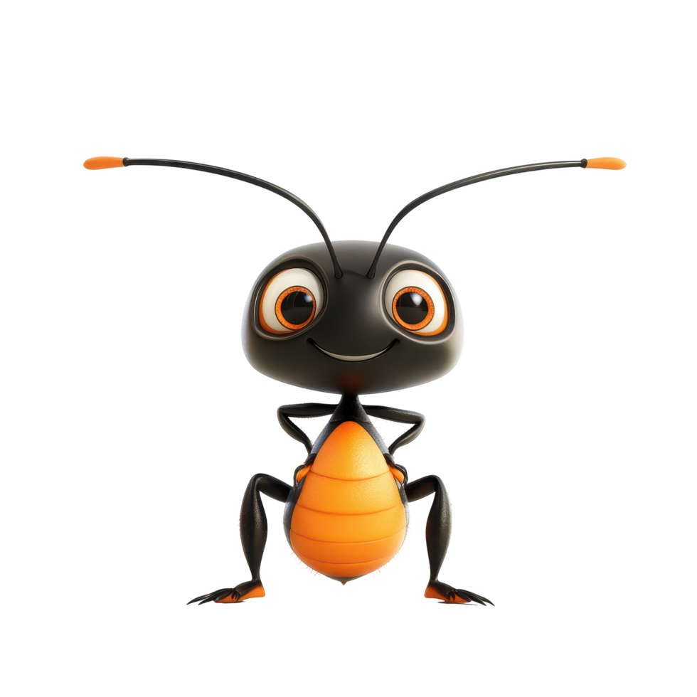 Cartoon ant character with orange accents smiles and poses in a playful manner png