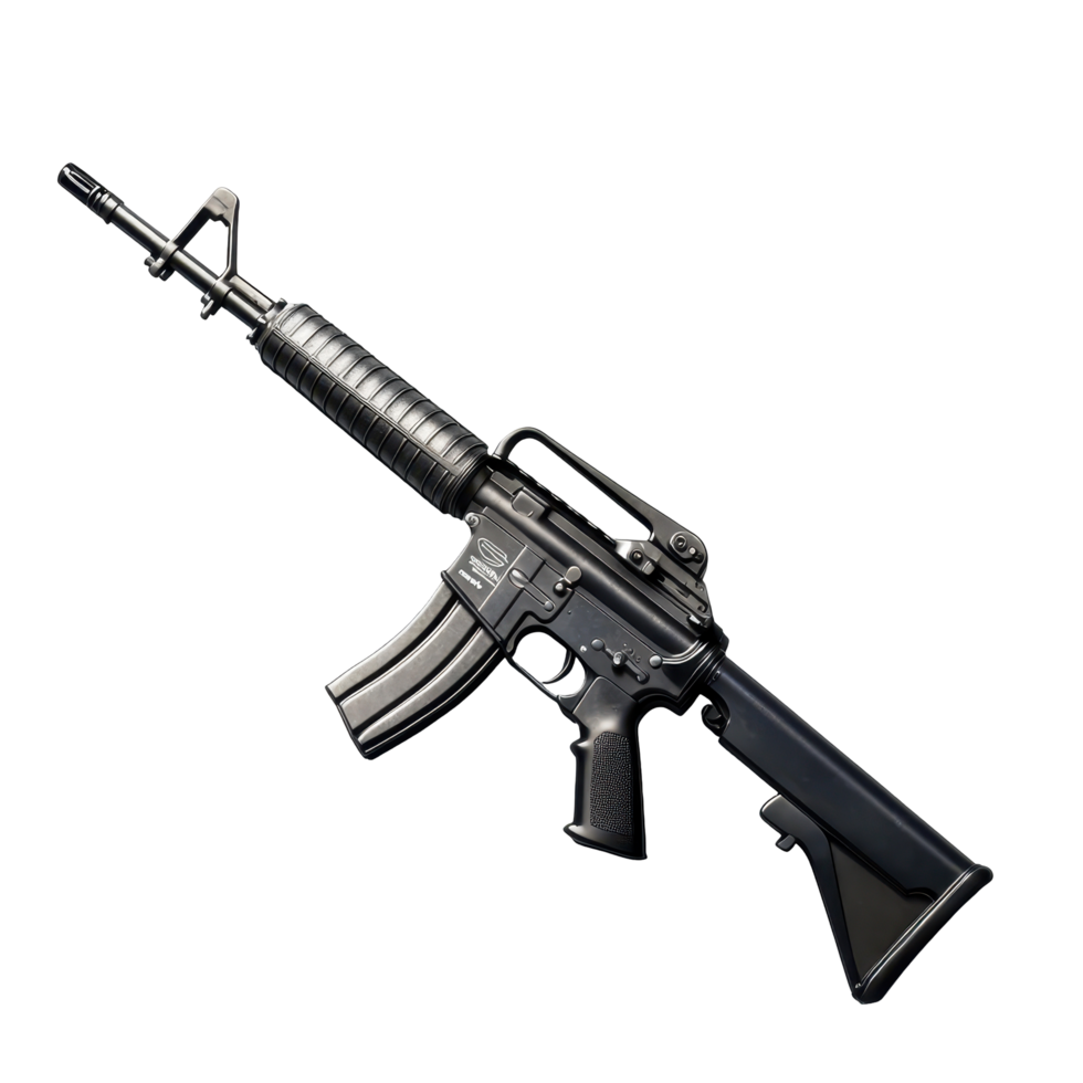 Military style rifle with black and silver finish, showcasing intricate design features and tactical components png