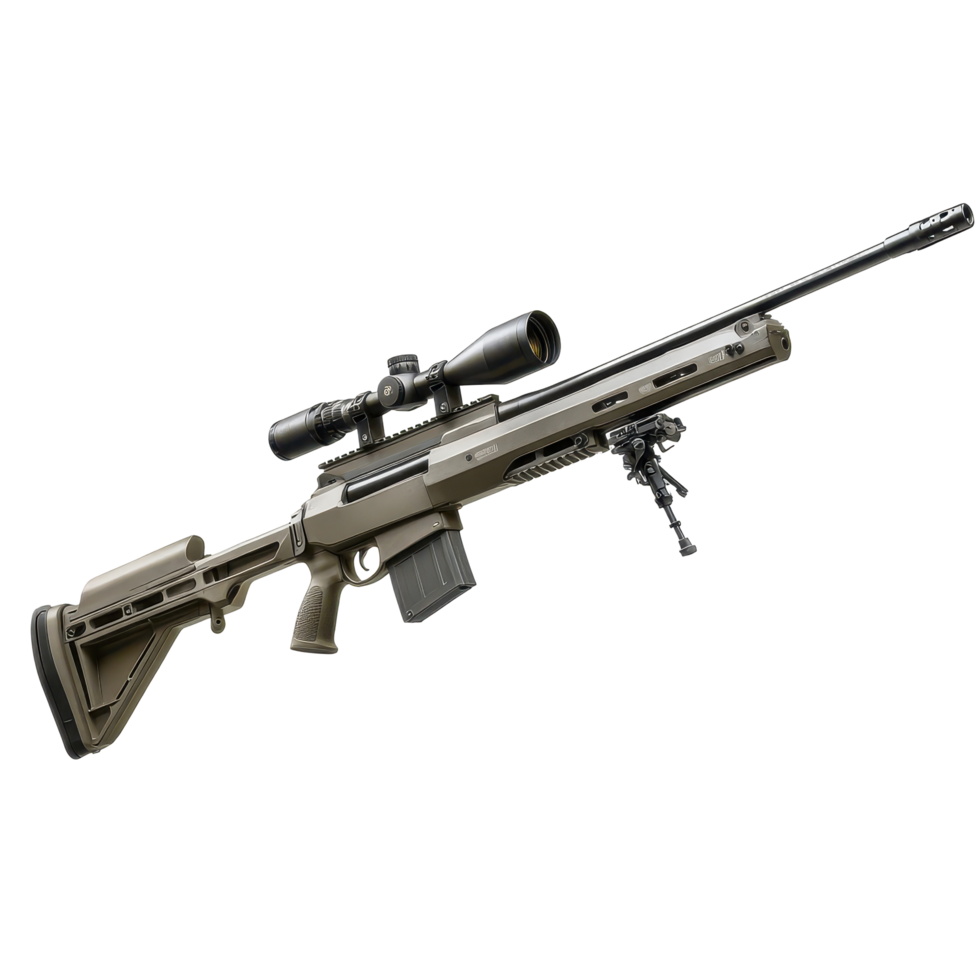 Modern precision rifle with advanced optics and tactical features on display in a neutral background setting png
