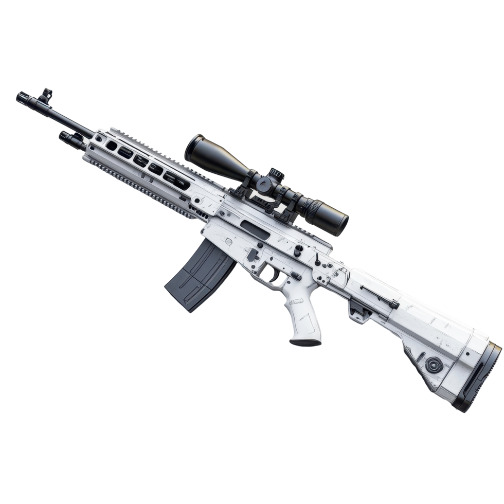 Modern tactical rifle with scope showcasing advanced design and features png
