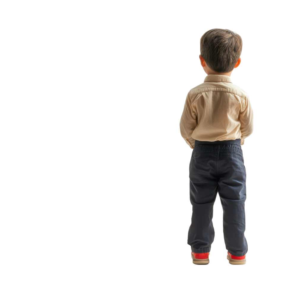 Young boy standing quietly, facing away, in a neutral setting during daylight hours png