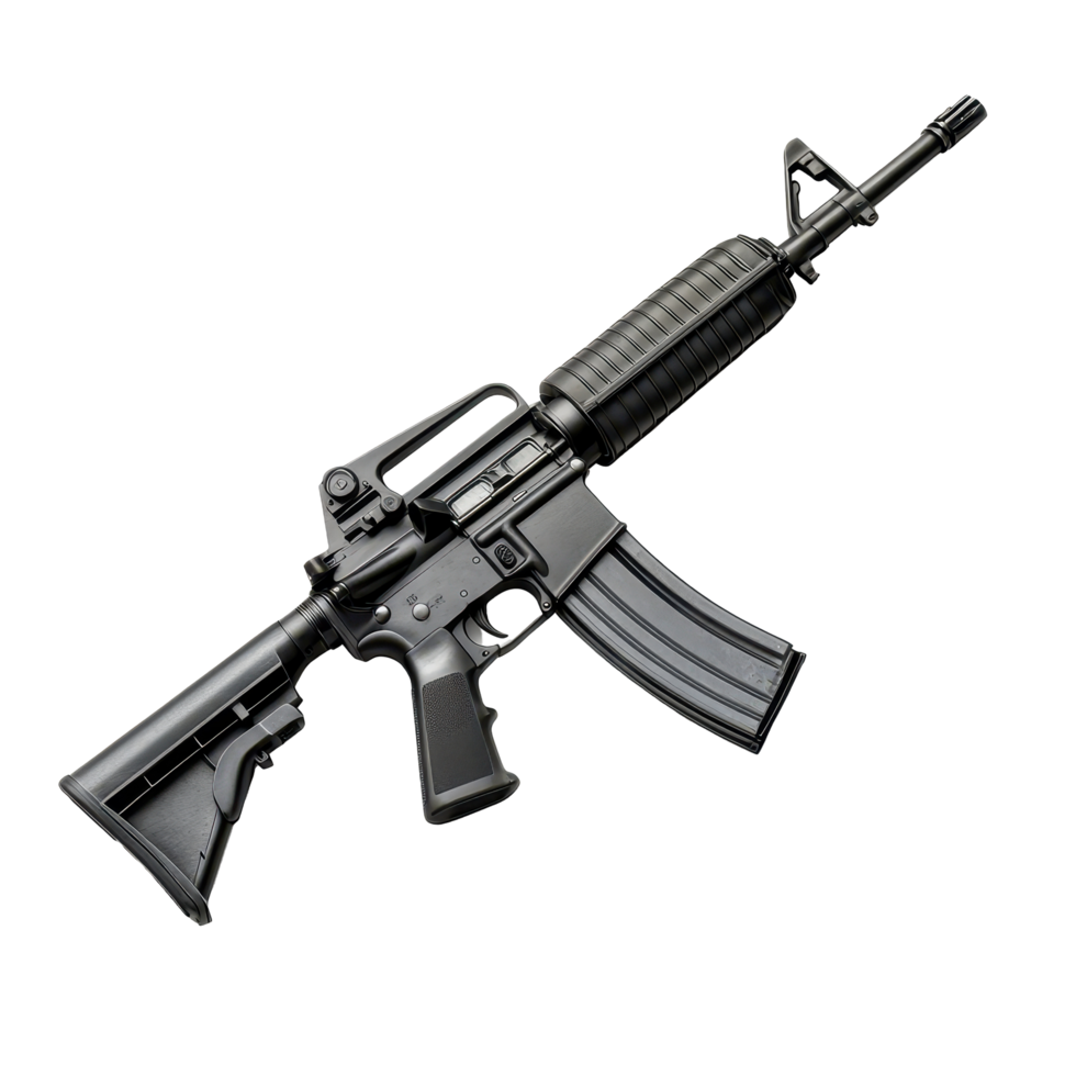 Military rifle displayed against a plain background highlighting its sleek design and practical features for use in various environments png