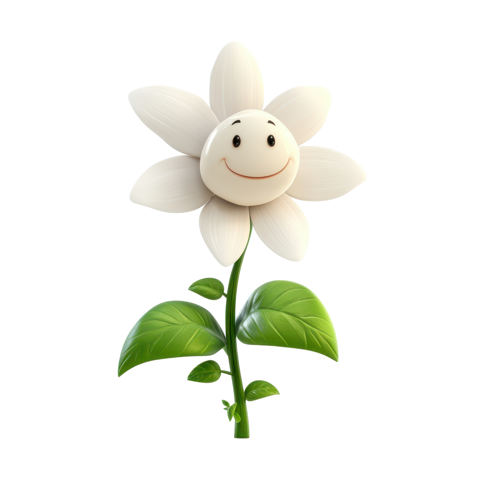 Happy cartoon flower with a smiling face and green leaves standing in a bright outdoor setting png