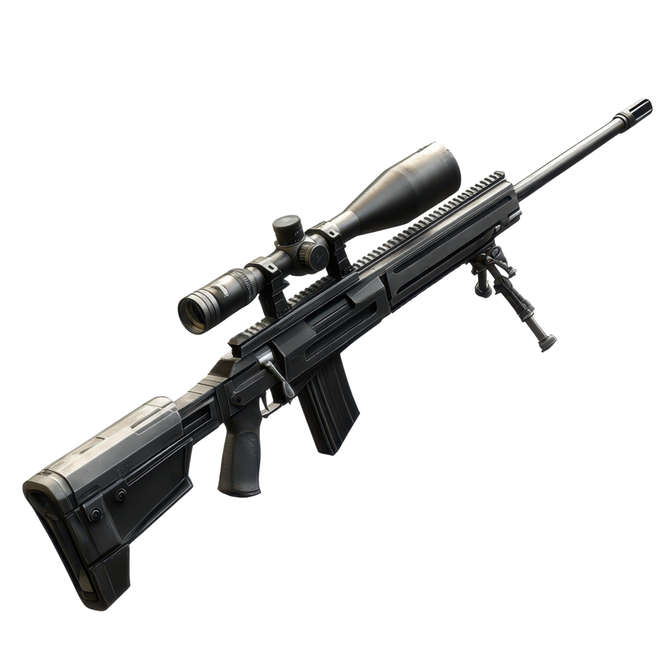 High precision sniper rifle with advanced scope and bipod designed for long-range shooting png